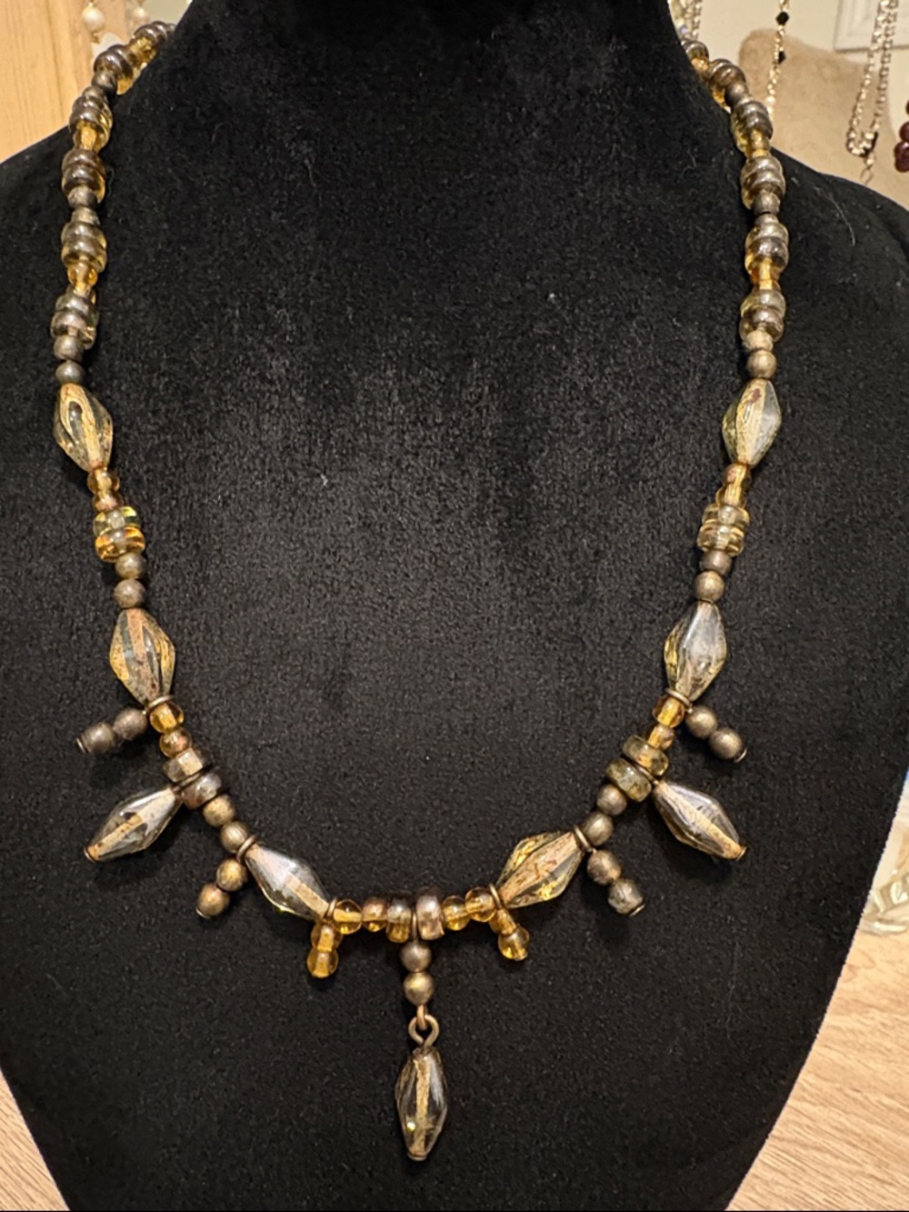 Vintage Myka Canadian designer, glass beaded necklace, brass tone